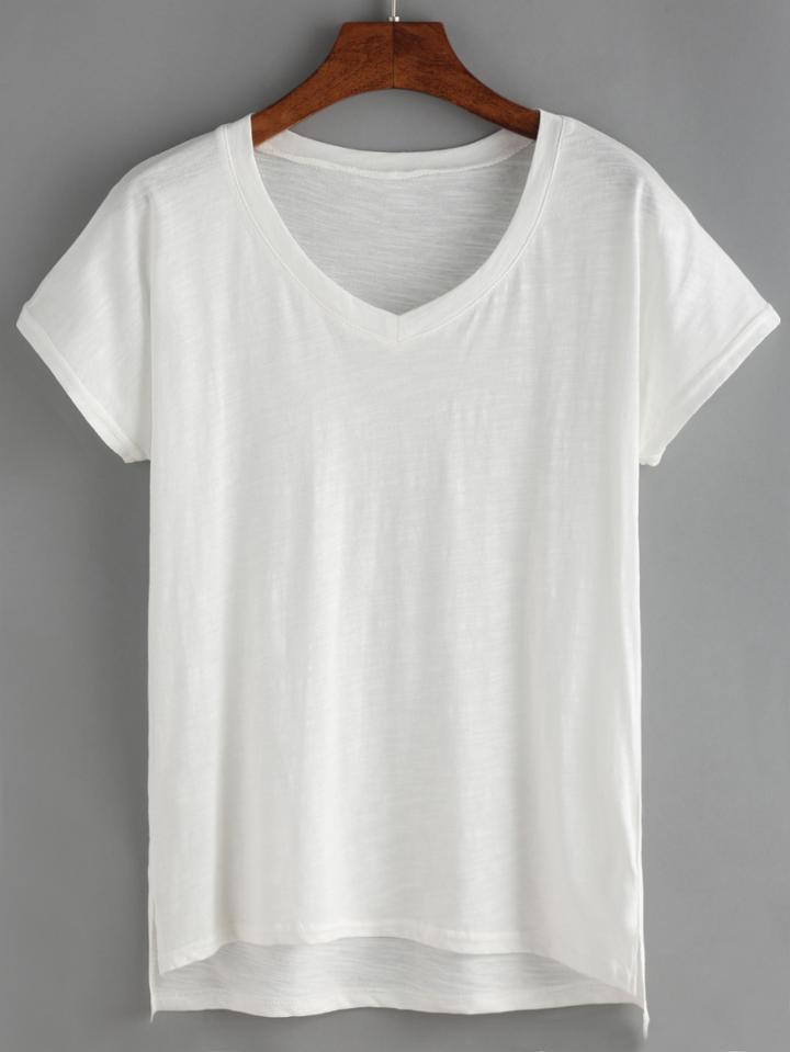 Romwe V Neck Dip Hem Split T-shirt
