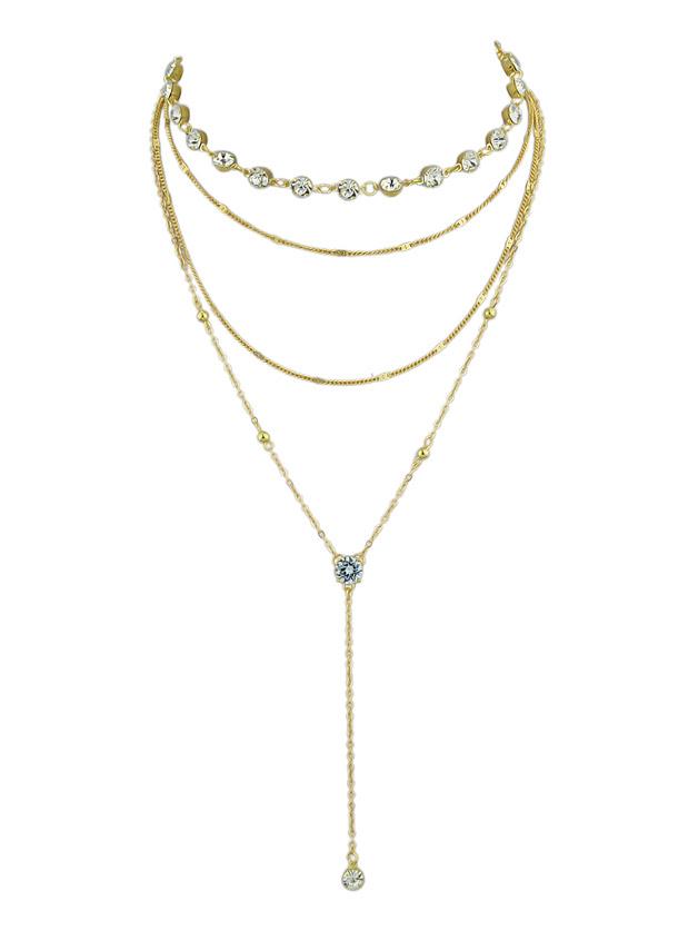 Romwe Gold Simple Diamond Pendant Multi-layer Necklace
