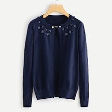 Romwe Pearl Beaded Open Front Knit Coat