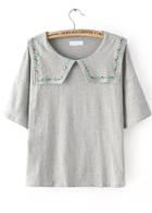 Romwe Doll Collar Embroidered Grey T-shirt