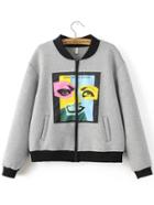 Romwe Grey Face Print Contrast Trim Jacket With Pockets