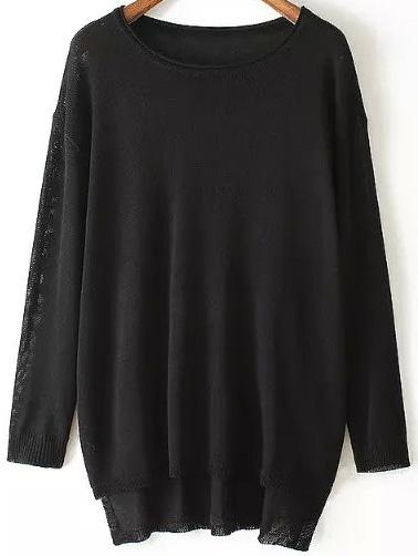 Romwe Dip Hem Split Black Sweater