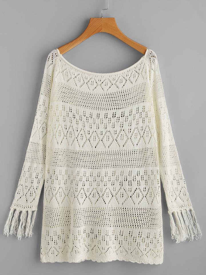 Romwe Fringe Trim Crochet Cover Up