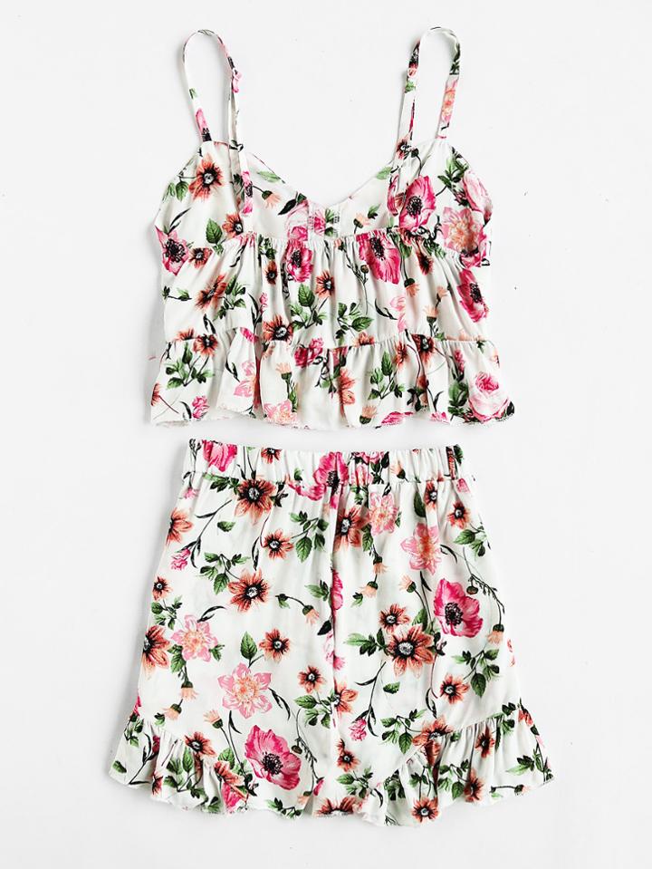 Romwe Floral Print Random Frill Hem Cami Top And Shorts Set