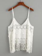 Romwe White Fringe Hollow Out Embroidered Cami Top
