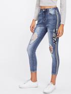 Romwe Stripe And Embroidery Side Ripped Jeans