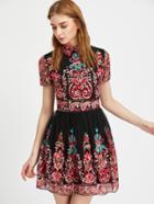 Romwe Embroidered Mesh Overlay Skater Dress