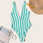 Romwe Plunging Neck Striped One Piece Swimsuit