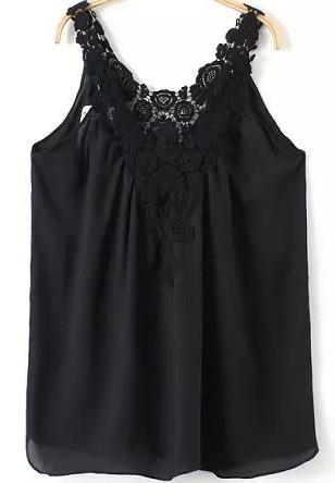 Romwe Lace Crochet Chiffon Black Vest