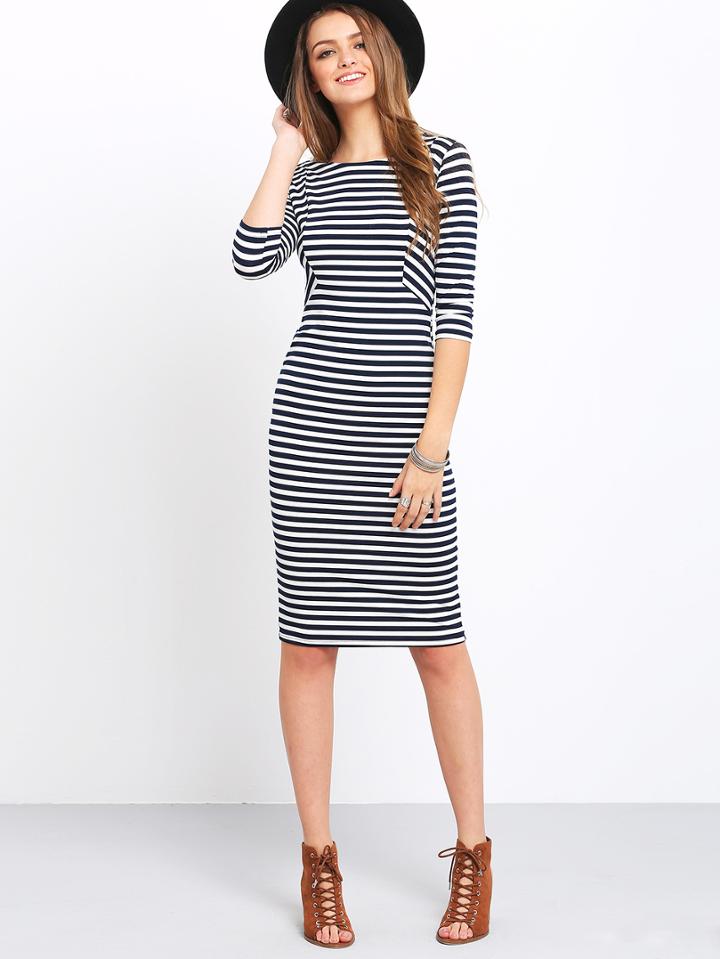 Romwe White Blue Half Sleeve Striped Dress