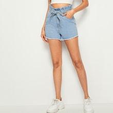 Romwe Light Wash Paperbag Waist Belted Denim Shorts