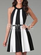 Romwe White Black Sleeveless Color Block Flare Dress