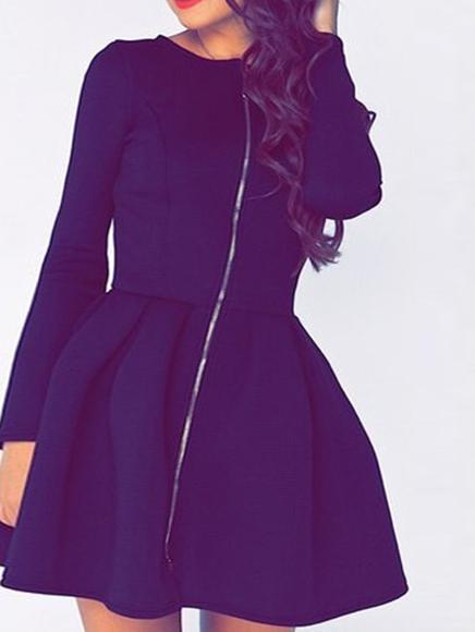 Romwe Flare Navy Dress With Zipper