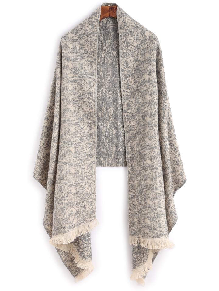 Romwe Grey Mottled Fringe Trim Shawl Scarf