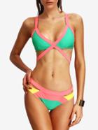 Romwe Pink Color Block Cutout Bandage Bikini Set