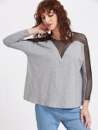 Romwe Heather Grey Contrast Fishnet Panel Long Sleeve T-shirt