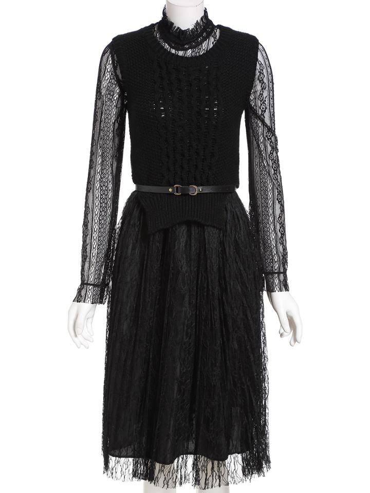 Romwe Cable Knit Sleeveless Crop Black Sweater With Lace Dress