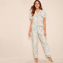 Romwe Striped Satin Shirt With Pants Pj Set