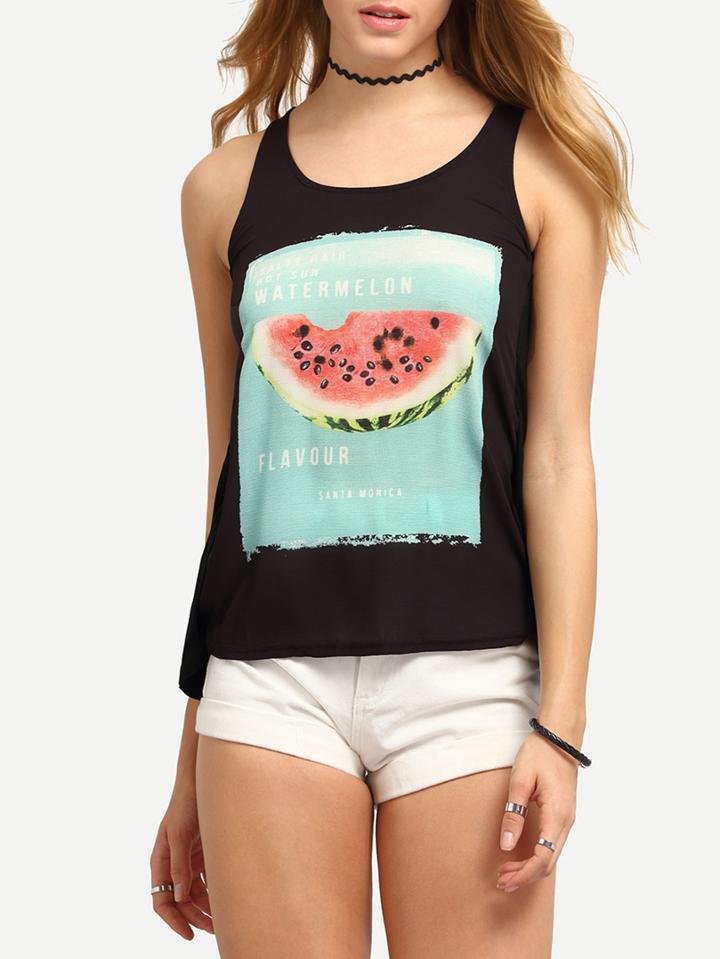 Romwe Watermelon Print Open Back Tank Top - Black