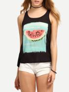 Romwe Watermelon Print Open Back Tank Top - Black