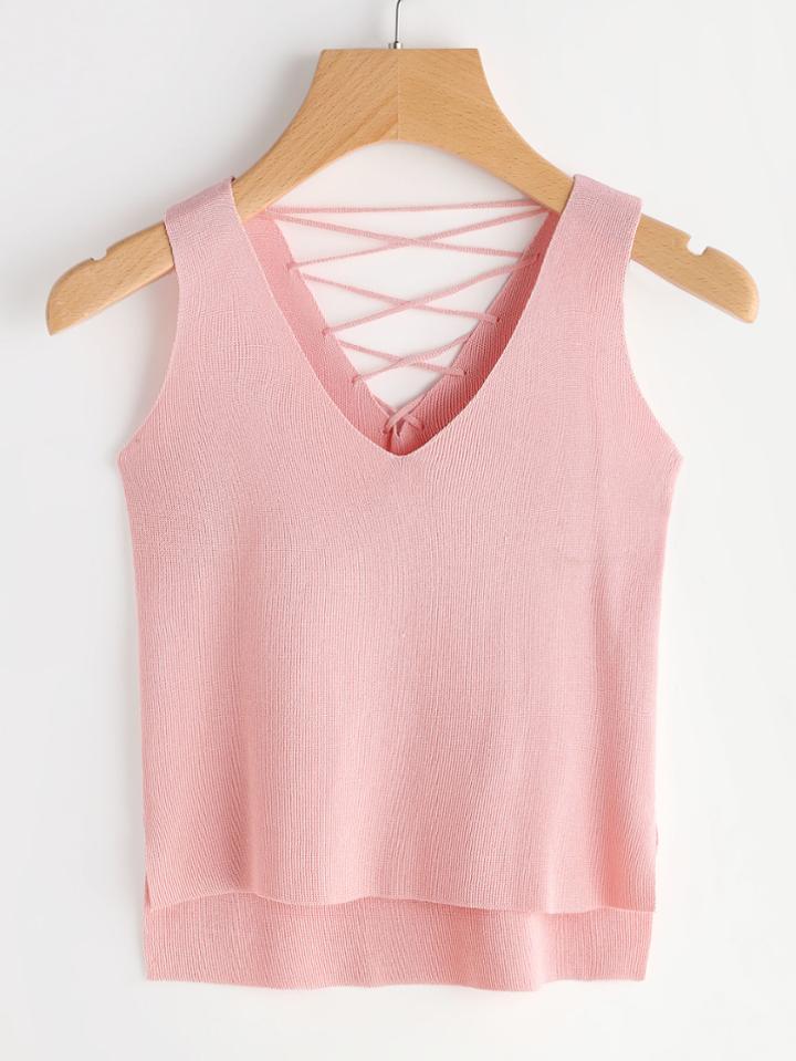 Romwe Lace-up Back Dip Hem Knitted Tank Top