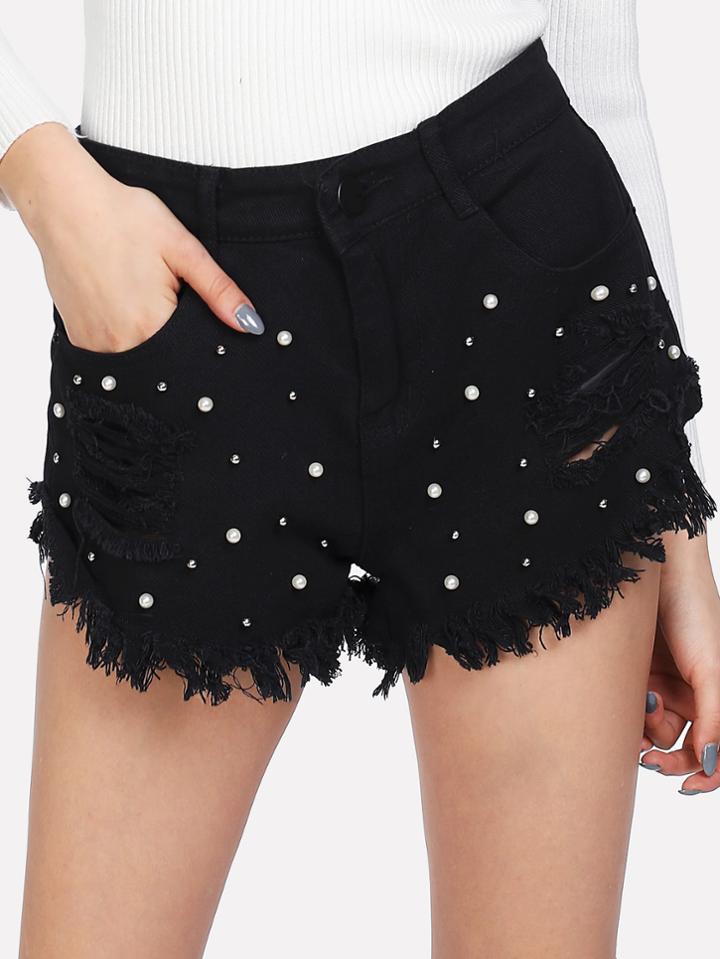 Romwe Raw Hem Faux Pearl Beaded Denim Shorts