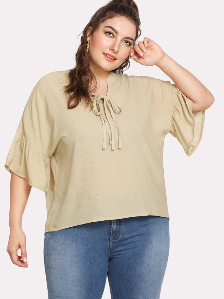 Romwe Tie Front Flounce Sleeve Blouse