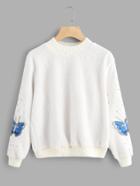 Romwe Butterfly Embroidered Pearl Beaded Faux Fur Sweater