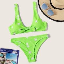 Romwe Neon Lime Star Print High Leg Bikini Set