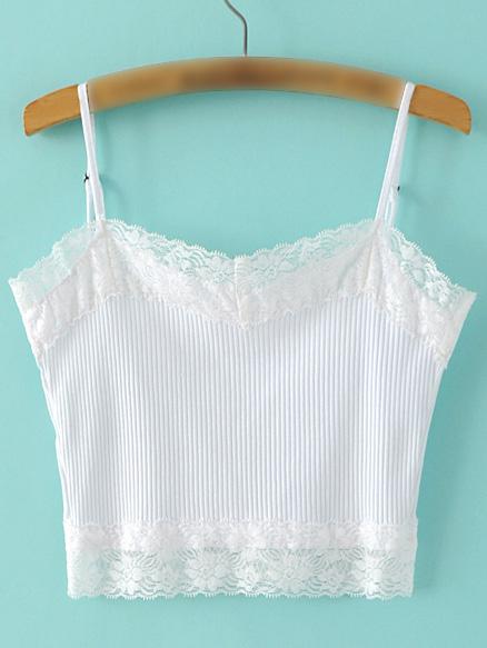 Romwe White Lace Trim Rib Spaghetti Strap Tank Top