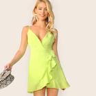 Romwe Neon Lime Tie Waist Surplice Wrap Cami Dress