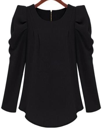 Romwe Puff Sleeve Zipper Slim Blouse