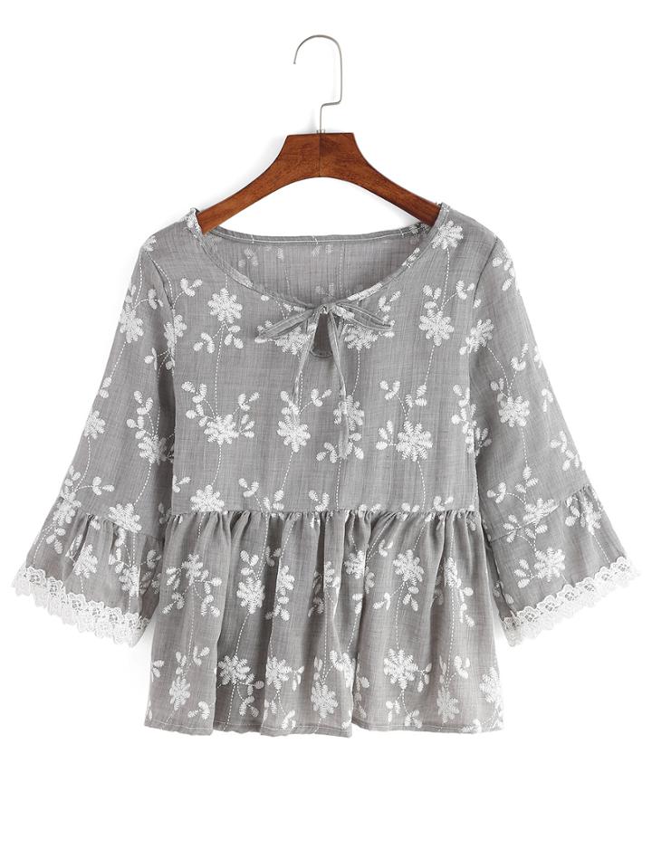 Romwe Grey Lace Trimmed Embroidery Peplum Blouse