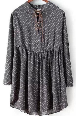 Romwe Wheat Print Lace Up Pleated Grey Dress
