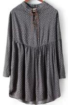 Romwe Wheat Print Lace Up Pleated Grey Dress