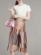 Romwe White Open Shoulder Top With Striped Pants