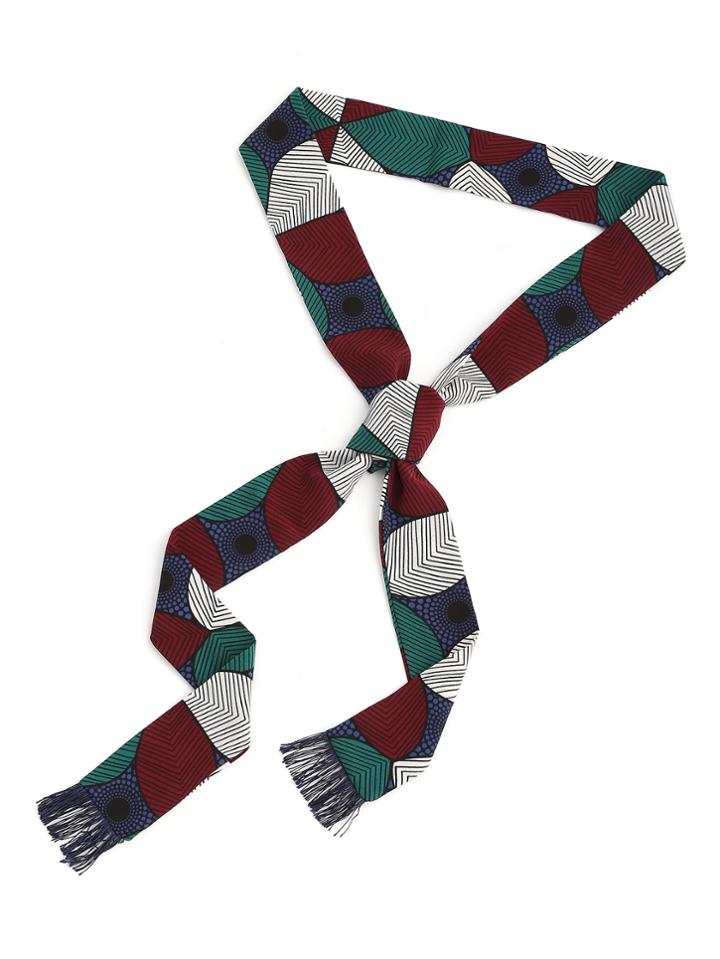 Romwe Leaf Print Fringe Detail Skinny Scarf