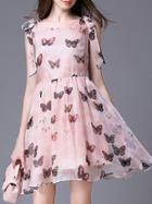 Romwe Pink Butterfly Print A-line Dress