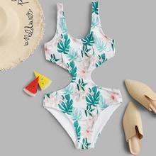 Romwe Random Tropical High Leg Backless One Piece Swimwear