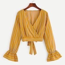 Romwe V-neck Surplice Front Flounce Sleeve Veritical Striped Blouse