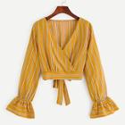 Romwe V-neck Surplice Front Flounce Sleeve Veritical Striped Blouse