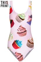 Romwe This Is Print Cup Cake Print Pink Swimsuit