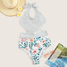 Romwe Striped & Floral Cutout Side Halter Monokini