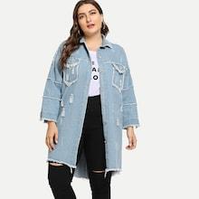 Romwe Plus Raw Hem Ripped Denim Coat