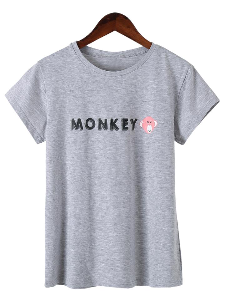 Romwe Grey Short Sleeve Letter Monkey Printed T-shirt
