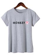 Romwe Grey Short Sleeve Letter Monkey Printed T-shirt