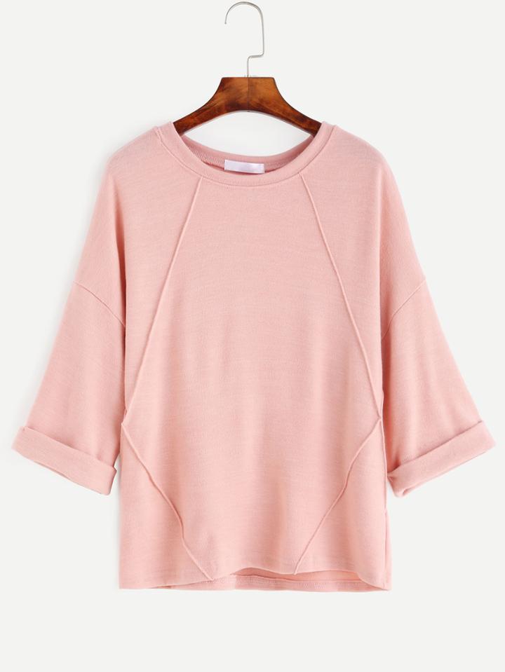 Romwe Pink Dropped Shoulder Seam Cuffed T-shirt