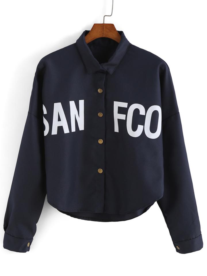 Romwe Dip Hem Lapel Letter Print Jacket