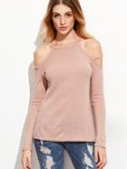 Romwe Pink Strappy Cold Shoulder Ribbed T-shirt