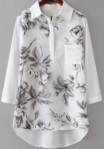 Romwe Dip Hem With Pocket Florals Blouse